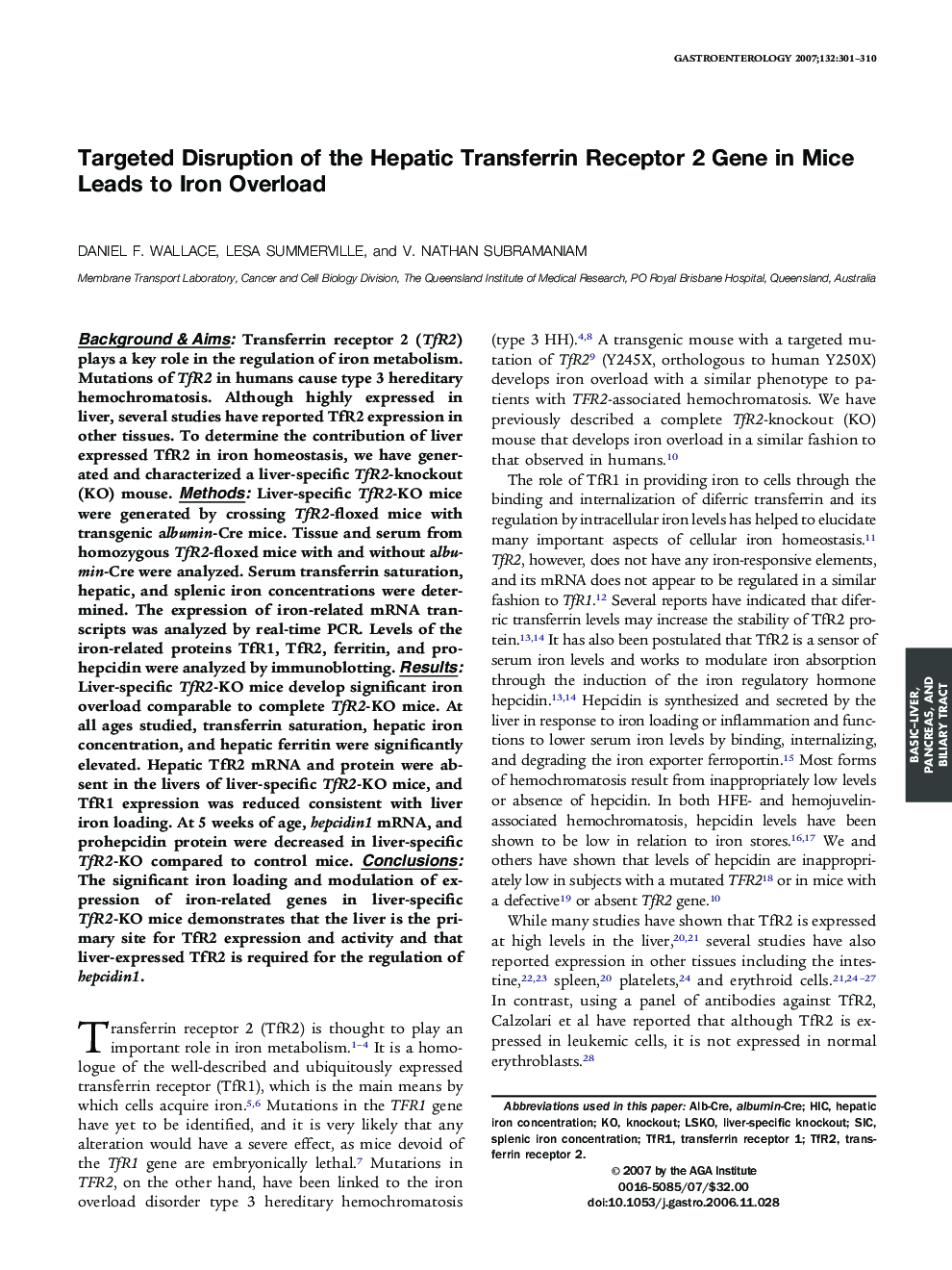 Targeted Disruption of the Hepatic Transferrin Receptor 2 Gene in Mice Leads to Iron Overload