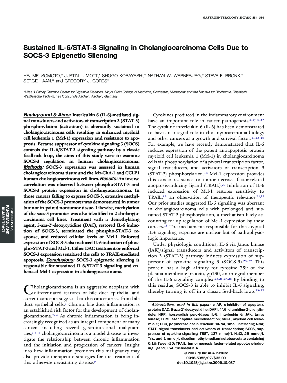 Sustained IL-6/STAT-3 Signaling in Cholangiocarcinoma Cells Due to SOCS-3 Epigenetic Silencing 