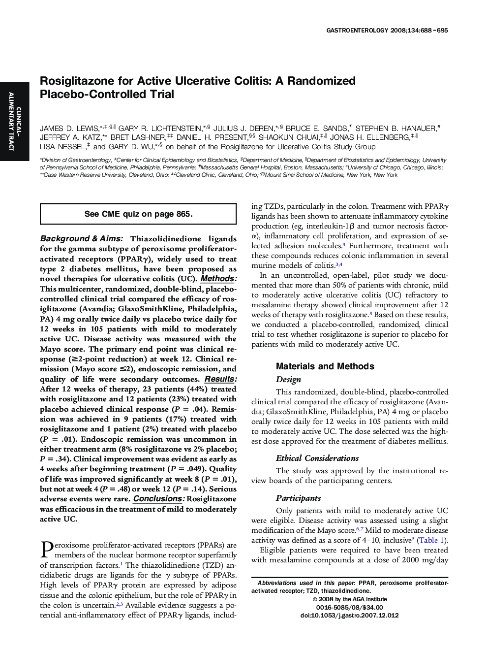 Rosiglitazone for Active Ulcerative Colitis: A Randomized Placebo-Controlled Trial 