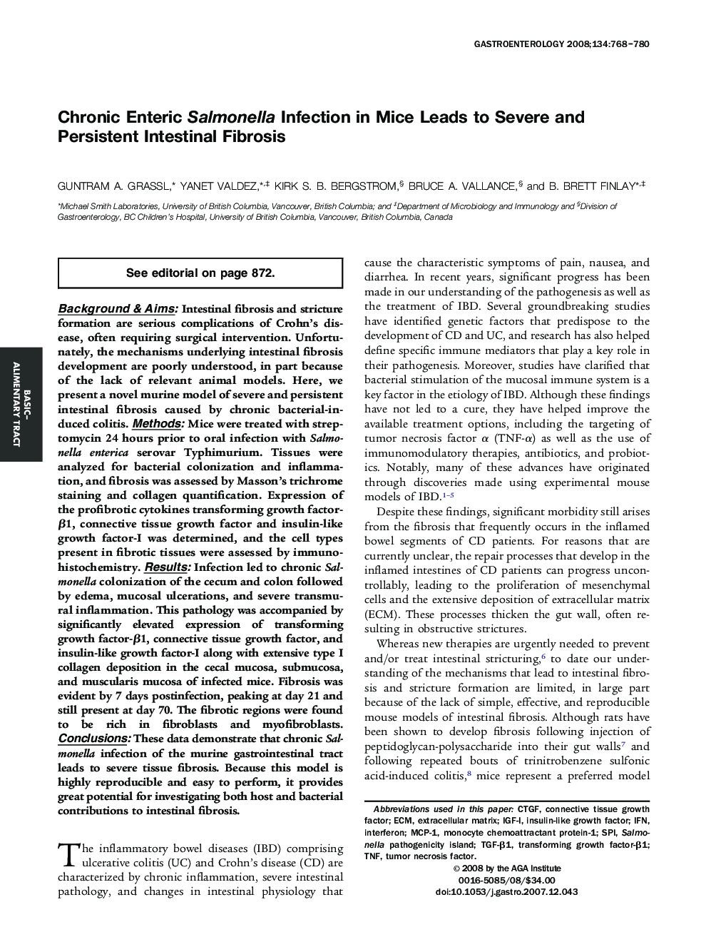 Chronic Enteric Salmonella Infection in Mice Leads to Severe and Persistent Intestinal Fibrosis