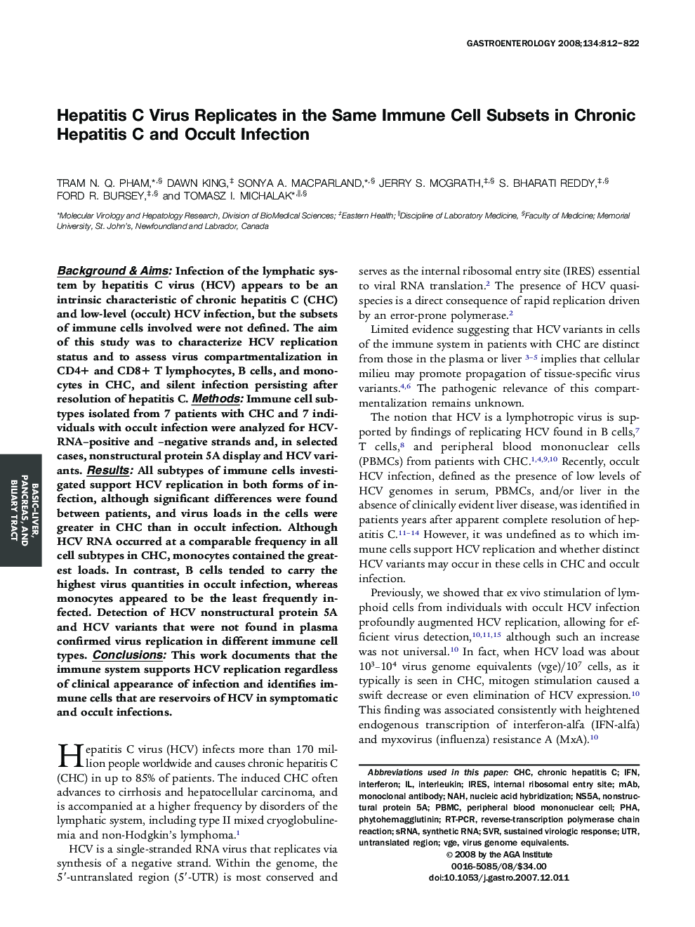 Hepatitis C Virus Replicates in the Same Immune Cell Subsets in Chronic Hepatitis C and Occult Infection 