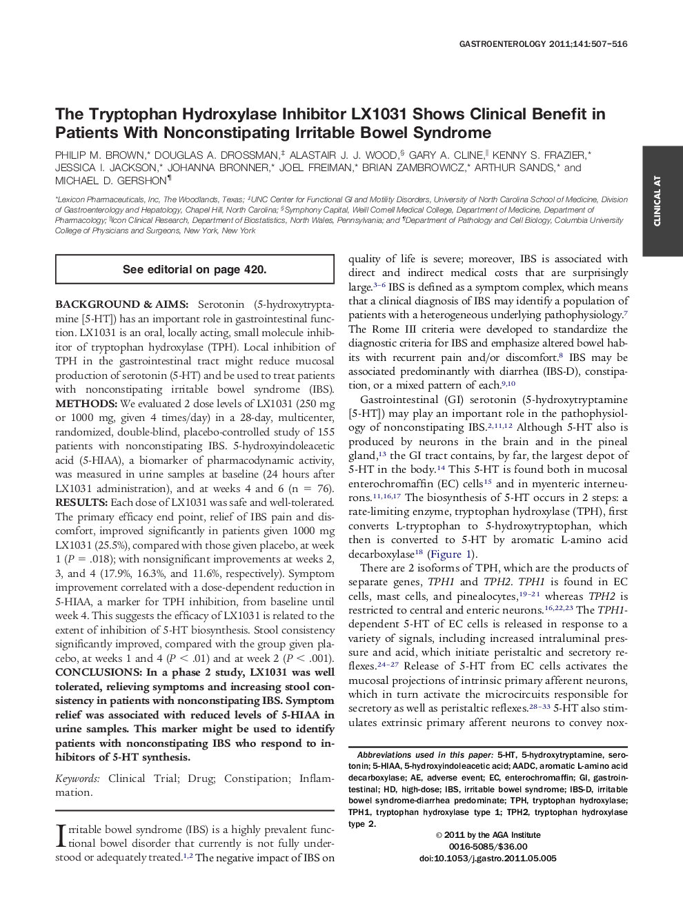 The Tryptophan Hydroxylase Inhibitor LX1031 Shows Clinical Benefit in Patients With Nonconstipating Irritable Bowel Syndrome 