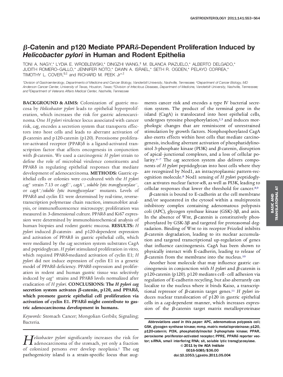 β-Catenin and p120 Mediate PPARδ-Dependent Proliferation Induced by Helicobacter pylori in Human and Rodent Epithelia 