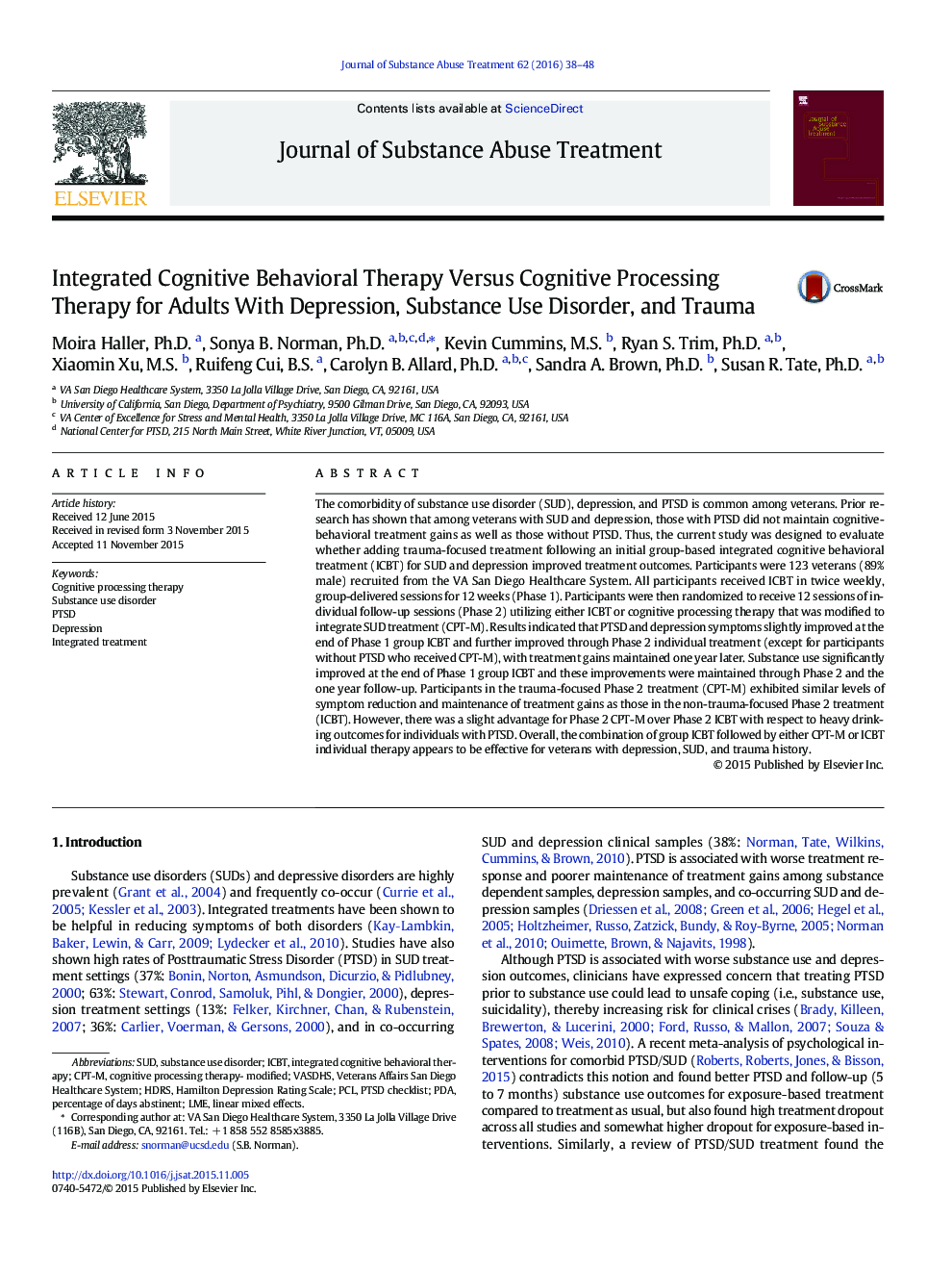 Integrated Cognitive Behavioral Therapy Versus Cognitive Processing Therapy for Adults With Depression, Substance Use Disorder, and Trauma