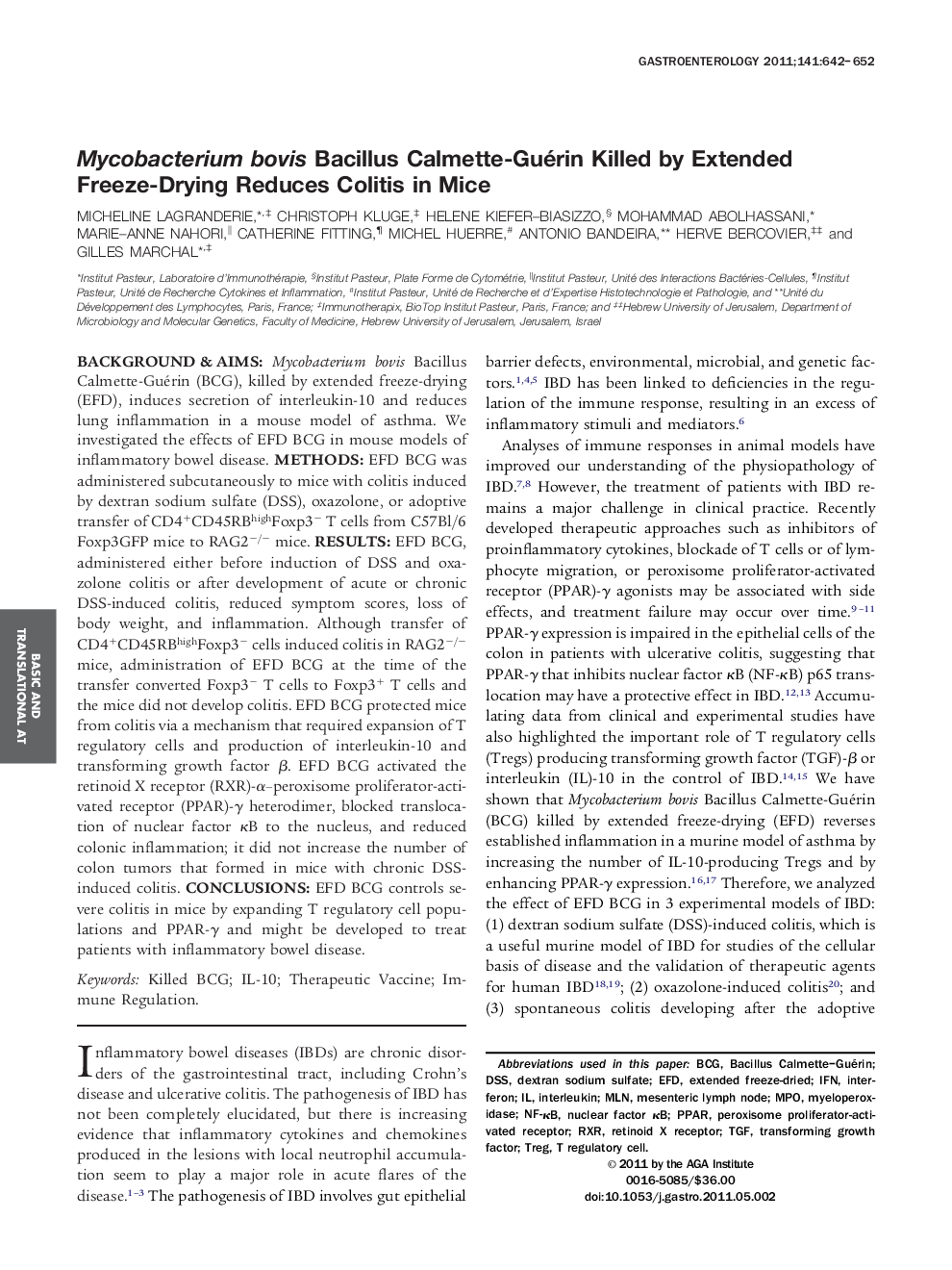 Mycobacterium bovis Bacillus Calmette-Guérin Killed by Extended Freeze-Drying Reduces Colitis in Mice