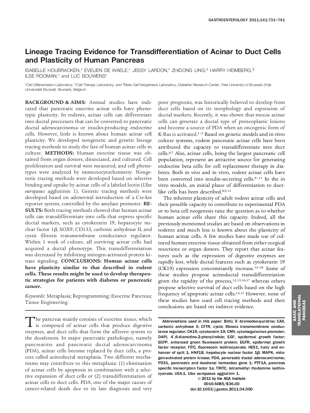 Lineage Tracing Evidence for Transdifferentiation of Acinar to Duct Cells and Plasticity of Human Pancreas