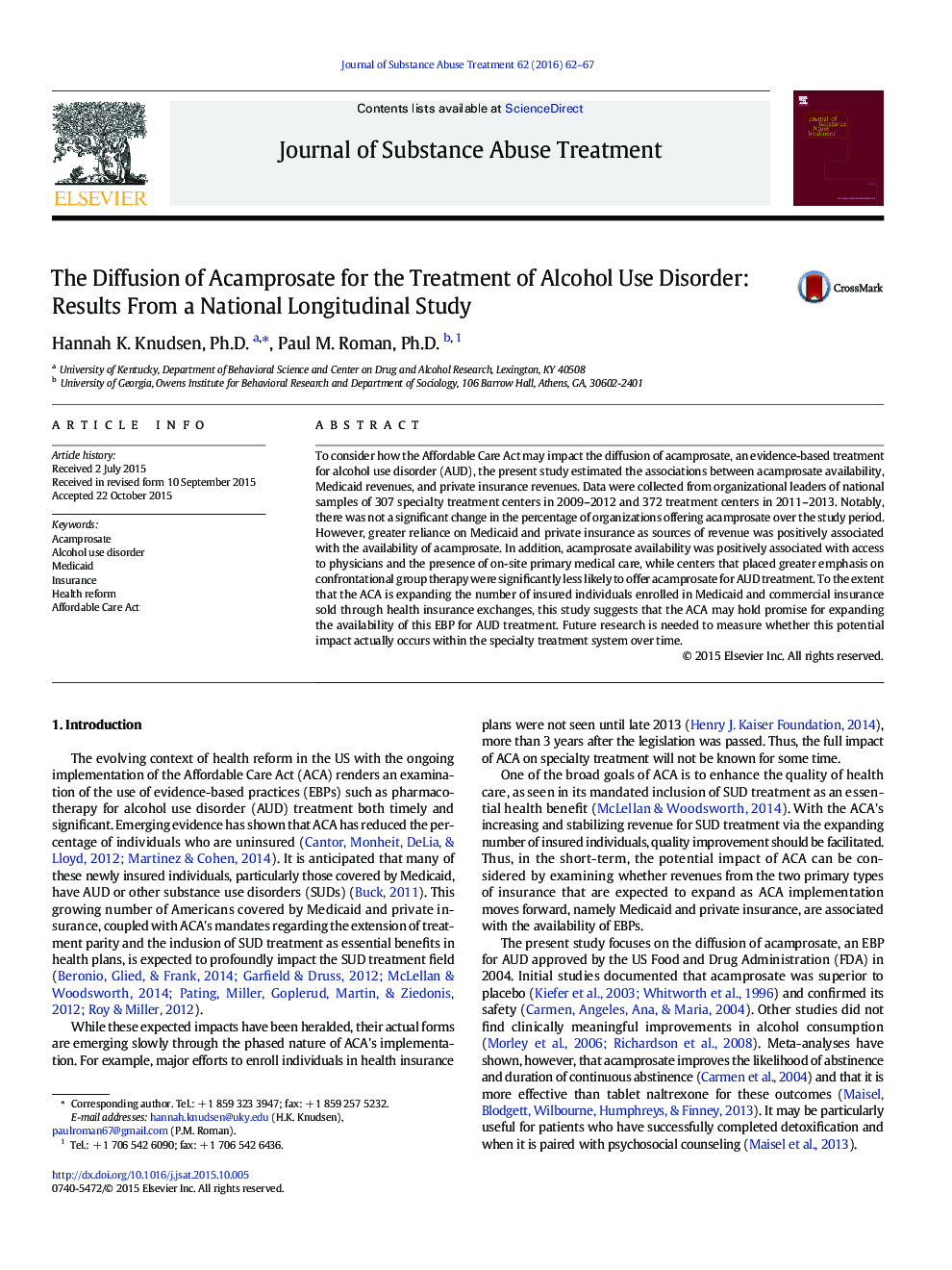 انتشار داروی Acamprosate برای درمان اختلال مصرف الکل: نتایج یک مطالعه ملی طولی