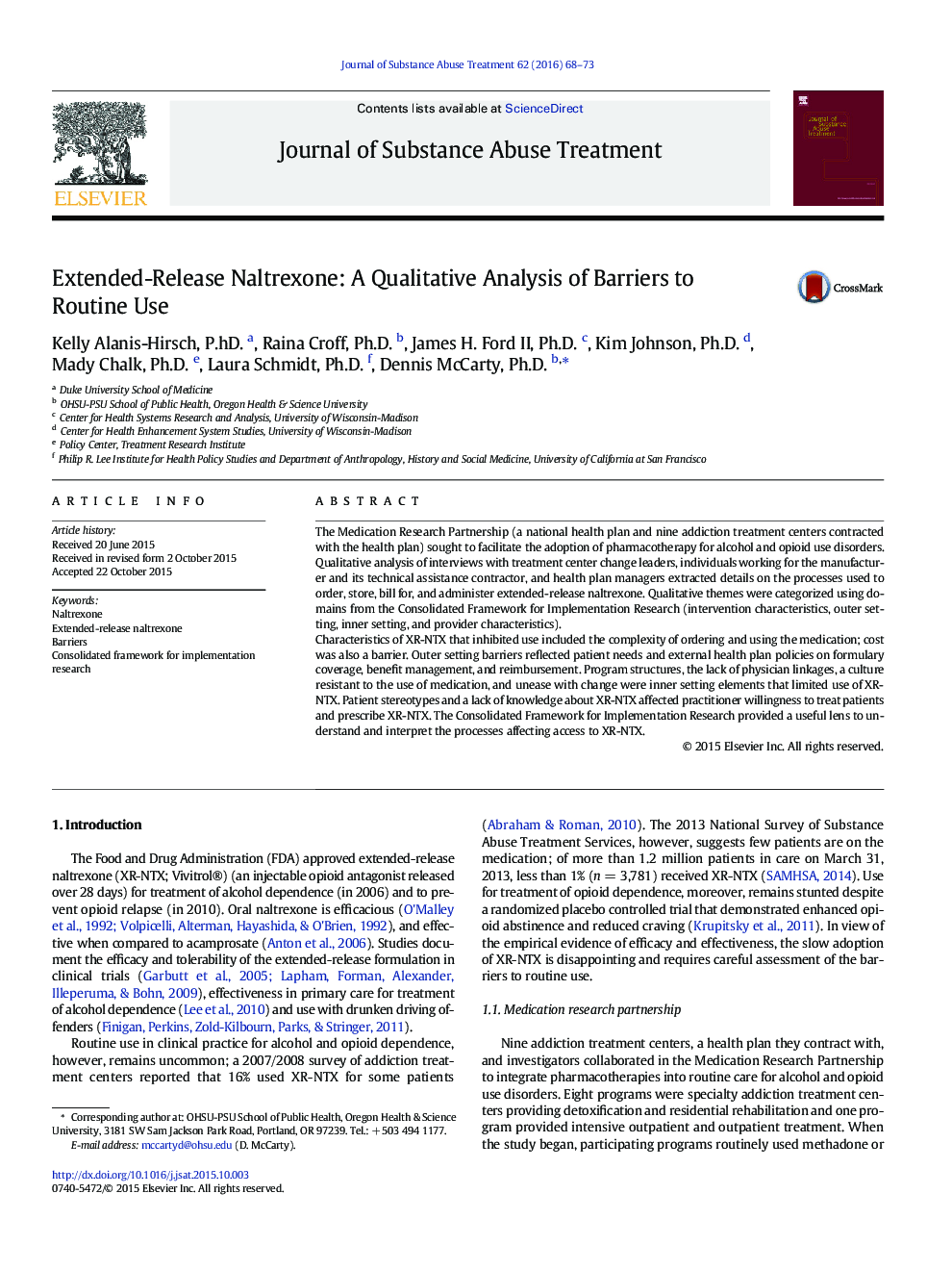 Extended-Release Naltrexone: A Qualitative Analysis of Barriers to Routine Use