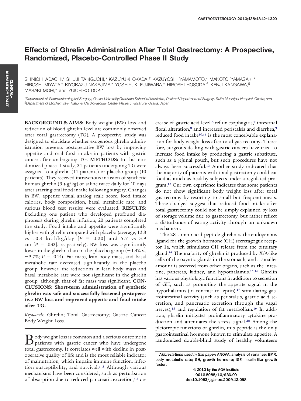 Effects of Ghrelin Administration After Total Gastrectomy: A Prospective, Randomized, Placebo-Controlled Phase II Study 