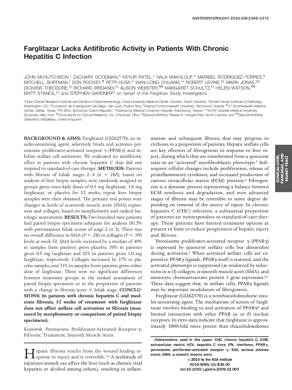 Farglitazar Lacks Antifibrotic Activity in Patients With Chronic Hepatitis C Infection