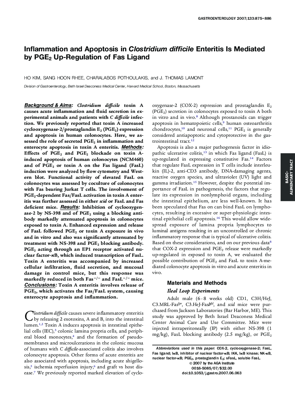 Inflammation and Apoptosis in Clostridium difficile Enteritis Is Mediated by PGE2 Up-Regulation of Fas Ligand 