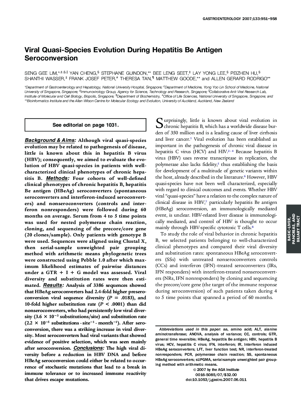 Viral Quasi-Species Evolution During Hepatitis Be Antigen Seroconversion 