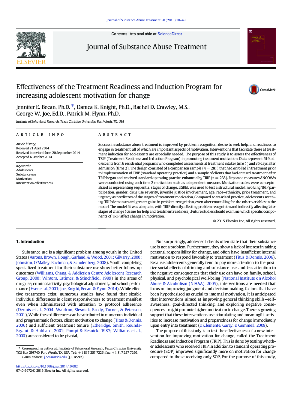 Effectiveness of the Treatment Readiness and Induction Program for increasing adolescent motivation for change