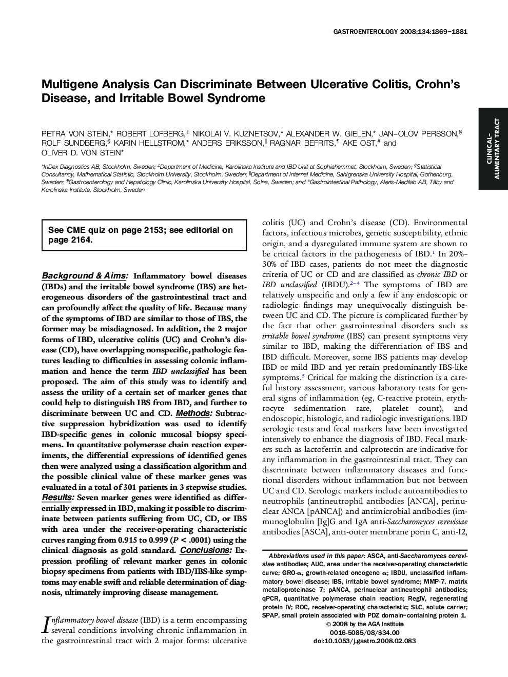 Multigene Analysis Can Discriminate Between Ulcerative Colitis, Crohn's Disease, and Irritable Bowel Syndrome 