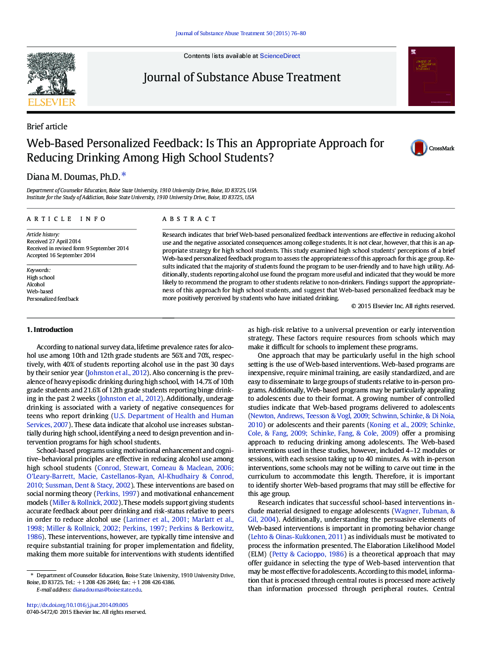 Web-Based Personalized Feedback: Is This an Appropriate Approach for Reducing Drinking Among High School Students?