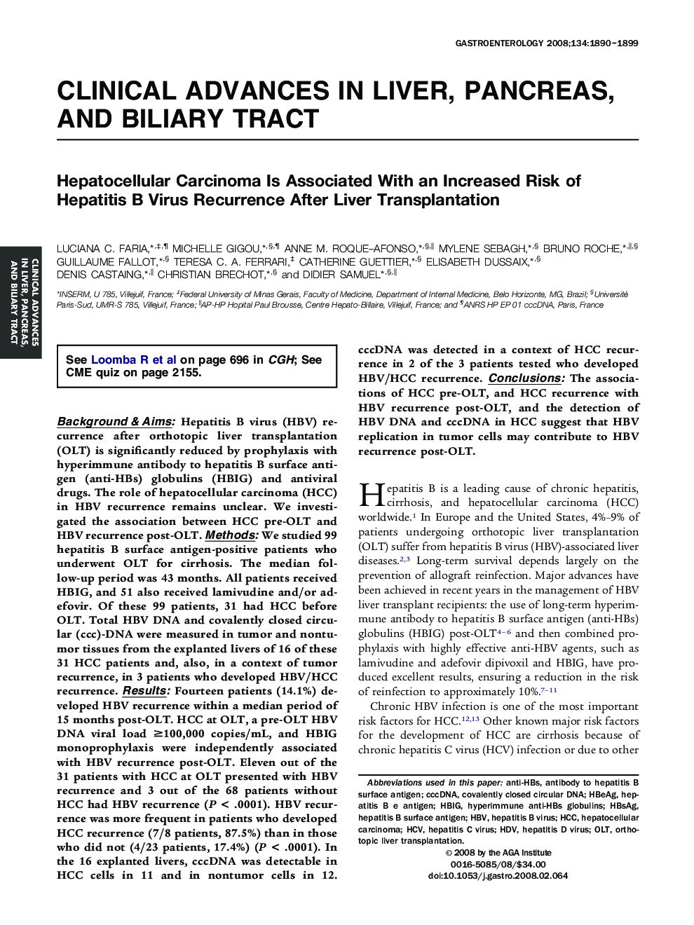 Hepatocellular Carcinoma Is Associated With an Increased Risk of Hepatitis B Virus Recurrence After Liver Transplantation 