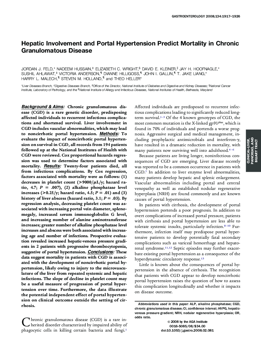 Hepatic Involvement and Portal Hypertension Predict Mortality in Chronic Granulomatous Disease 