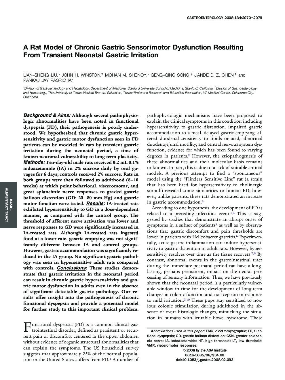 A Rat Model of Chronic Gastric Sensorimotor Dysfunction Resulting From Transient Neonatal Gastric Irritation 