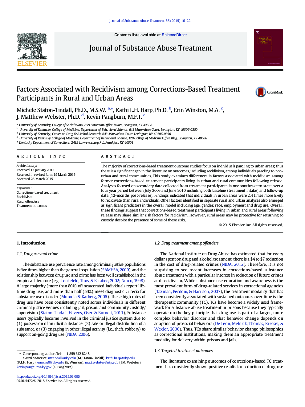 Factors Associated with Recidivism among Corrections-Based Treatment Participants in Rural and Urban Areas