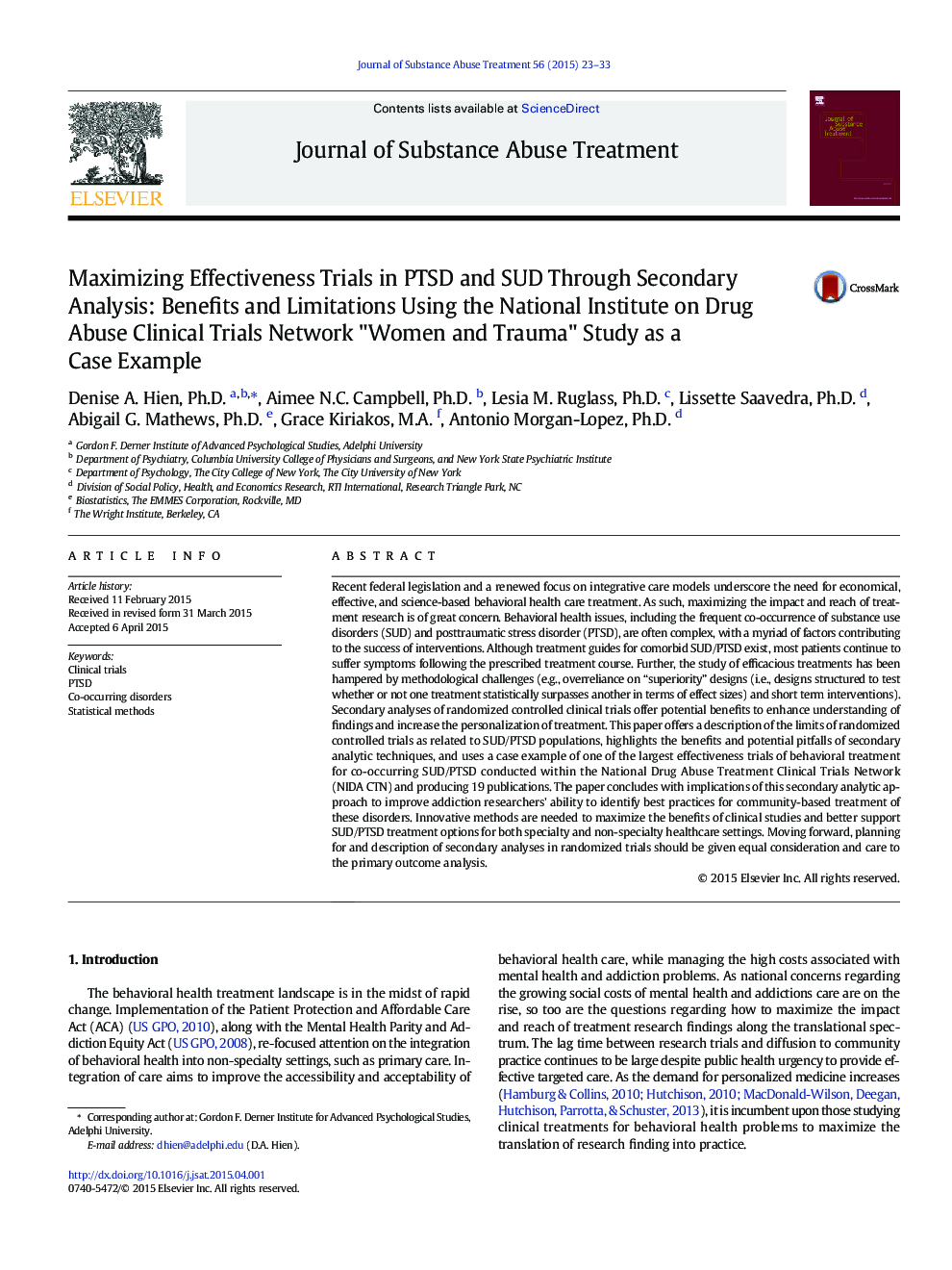 Maximizing Effectiveness Trials in PTSD and SUD Through Secondary Analysis: Benefits and Limitations Using the National Institute on Drug Abuse Clinical Trials Network "Women and Trauma" Study as a Case Example