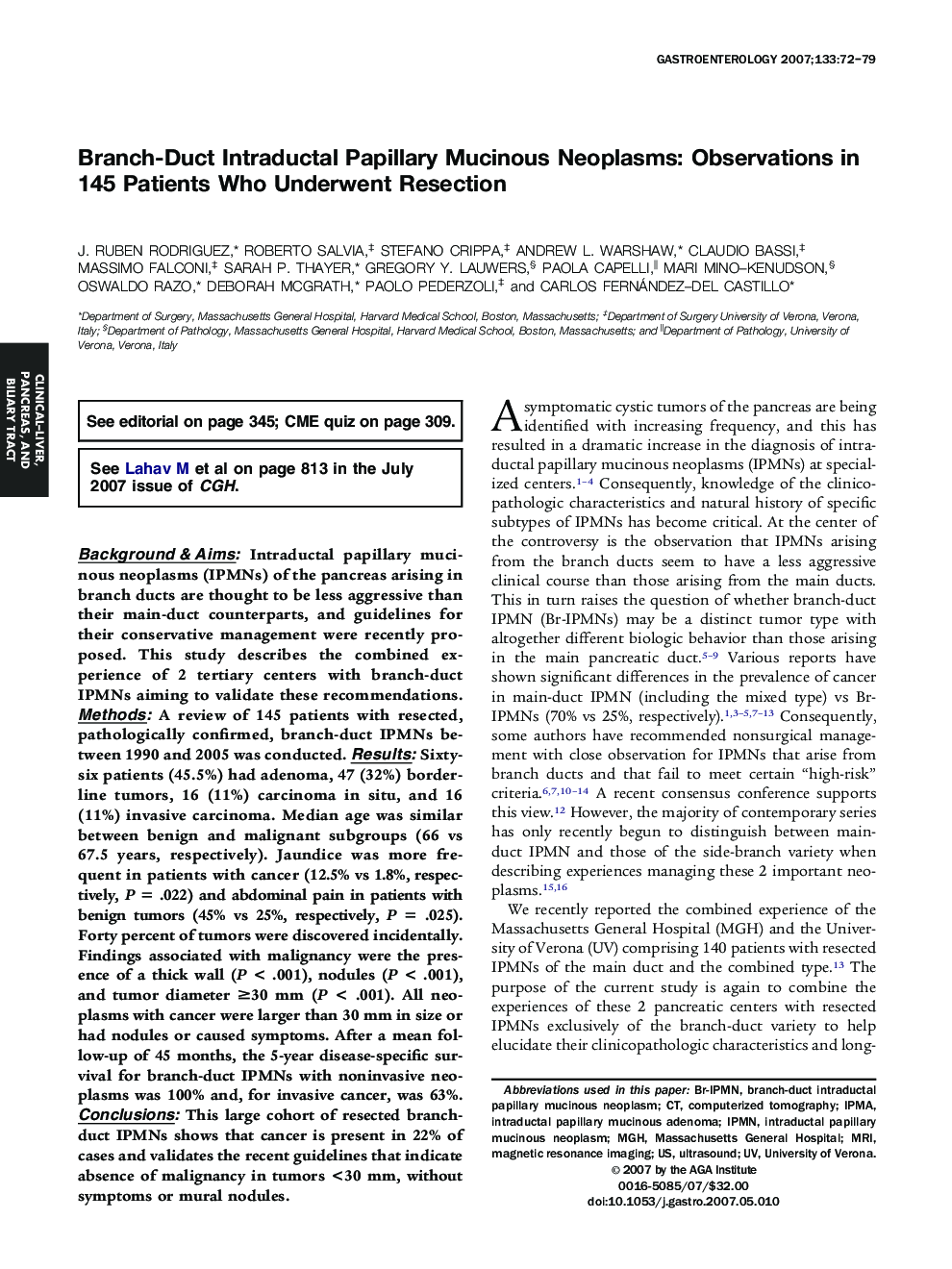 Branch-Duct Intraductal Papillary Mucinous Neoplasms: Observations in 145 Patients Who Underwent Resection 