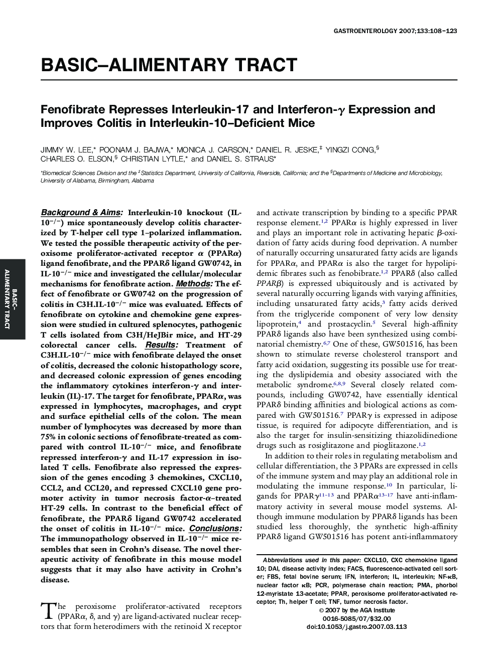 Fenofibrate Represses Interleukin-17 and Interferon-γ Expression and Improves Colitis in Interleukin-10–Deficient Mice 