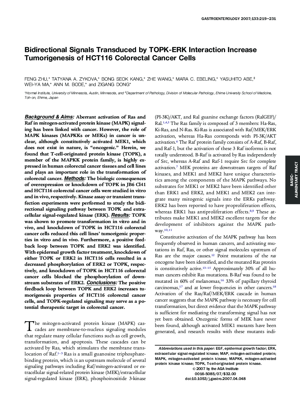 Bidirectional Signals Transduced by TOPK-ERK Interaction Increase Tumorigenesis of HCT116 Colorectal Cancer Cells 