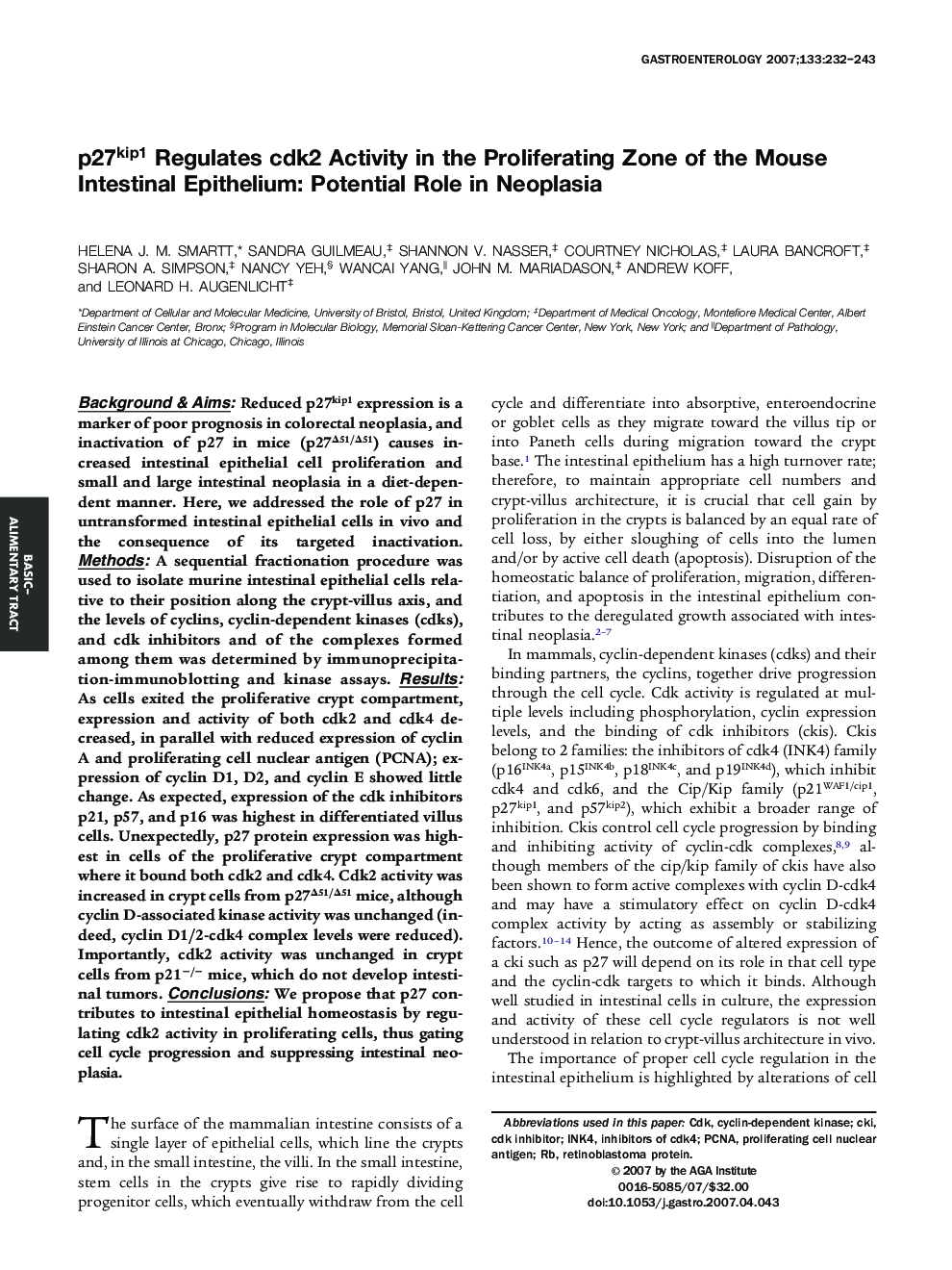 p27kip1 Regulates cdk2 Activity in the Proliferating Zone of the Mouse Intestinal Epithelium: Potential Role in Neoplasia 