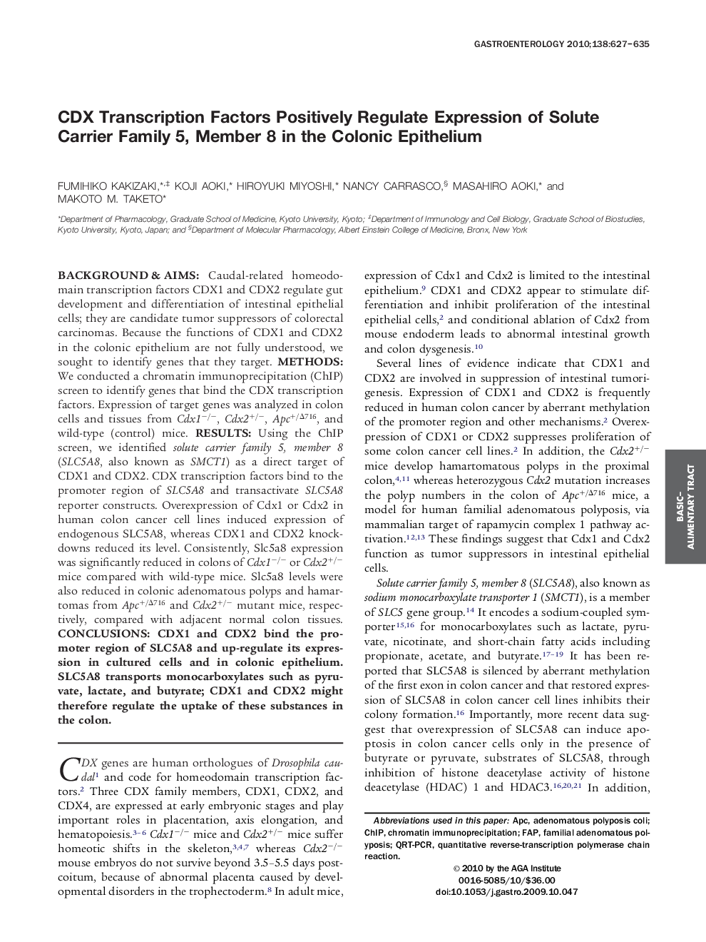 CDX Transcription Factors Positively Regulate Expression of Solute Carrier Family 5, Member 8 in the Colonic Epithelium 