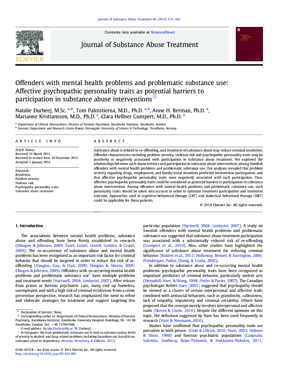 Offenders with mental health problems and problematic substance use: Affective psychopathic personality traits as potential barriers to participation in substance abuse interventions 