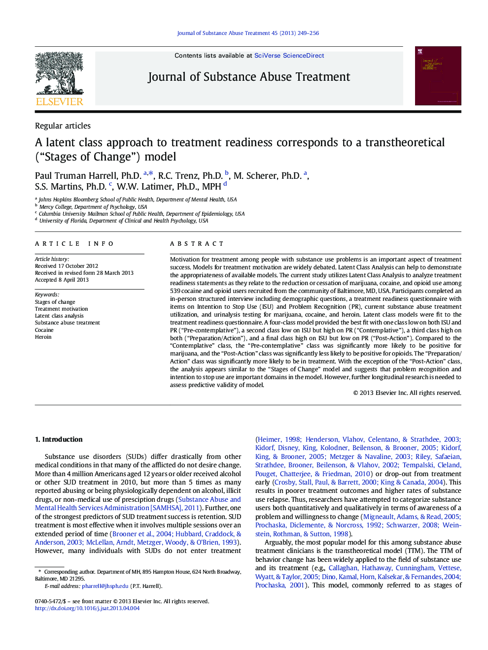 A latent class approach to treatment readiness corresponds to a transtheoretical (“Stages of Change”) model