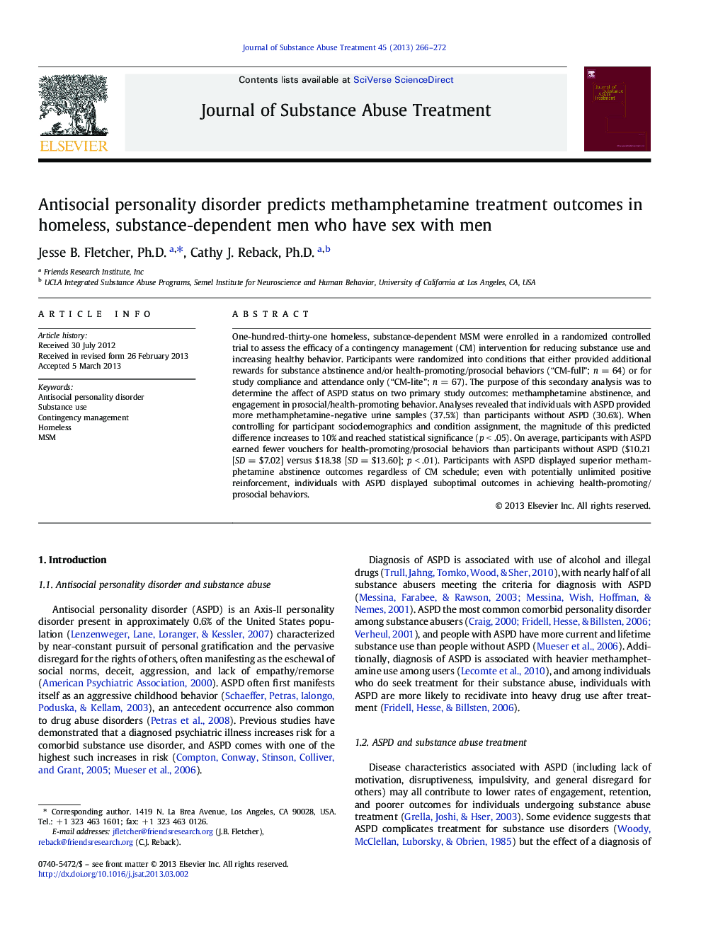 Antisocial personality disorder predicts methamphetamine treatment outcomes in homeless, substance-dependent men who have sex with men