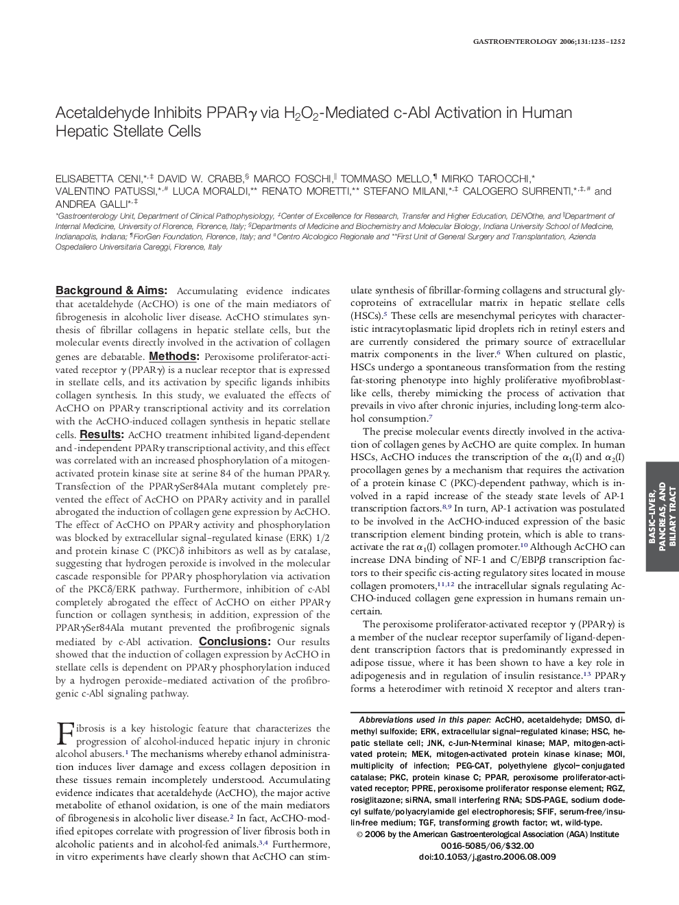 Acetaldehyde Inhibits PPARγ via H2O2-Mediated c-Abl Activation in Human Hepatic Stellate Cells 