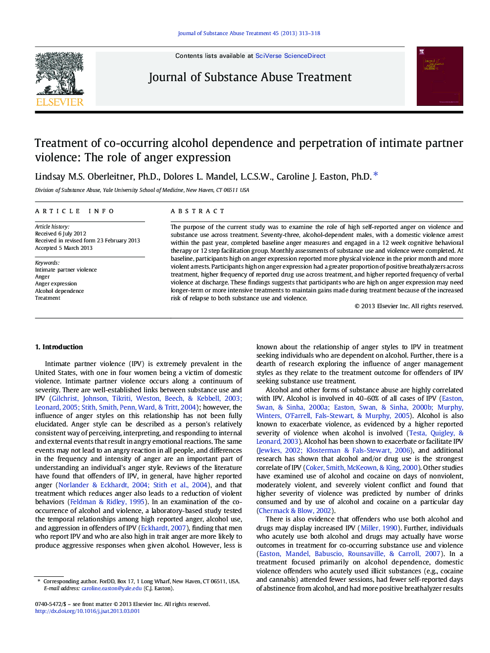 Treatment of co-occurring alcohol dependence and perpetration of intimate partner violence: The role of anger expression