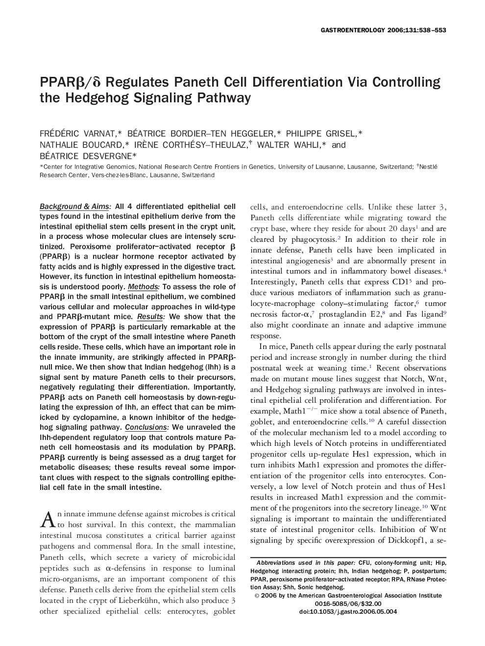 PPARβ/δ Regulates Paneth Cell Differentiation Via Controlling the Hedgehog Signaling Pathway 