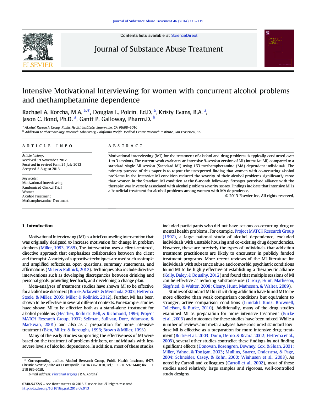 Intensive Motivational Interviewing for women with concurrent alcohol problems and methamphetamine dependence