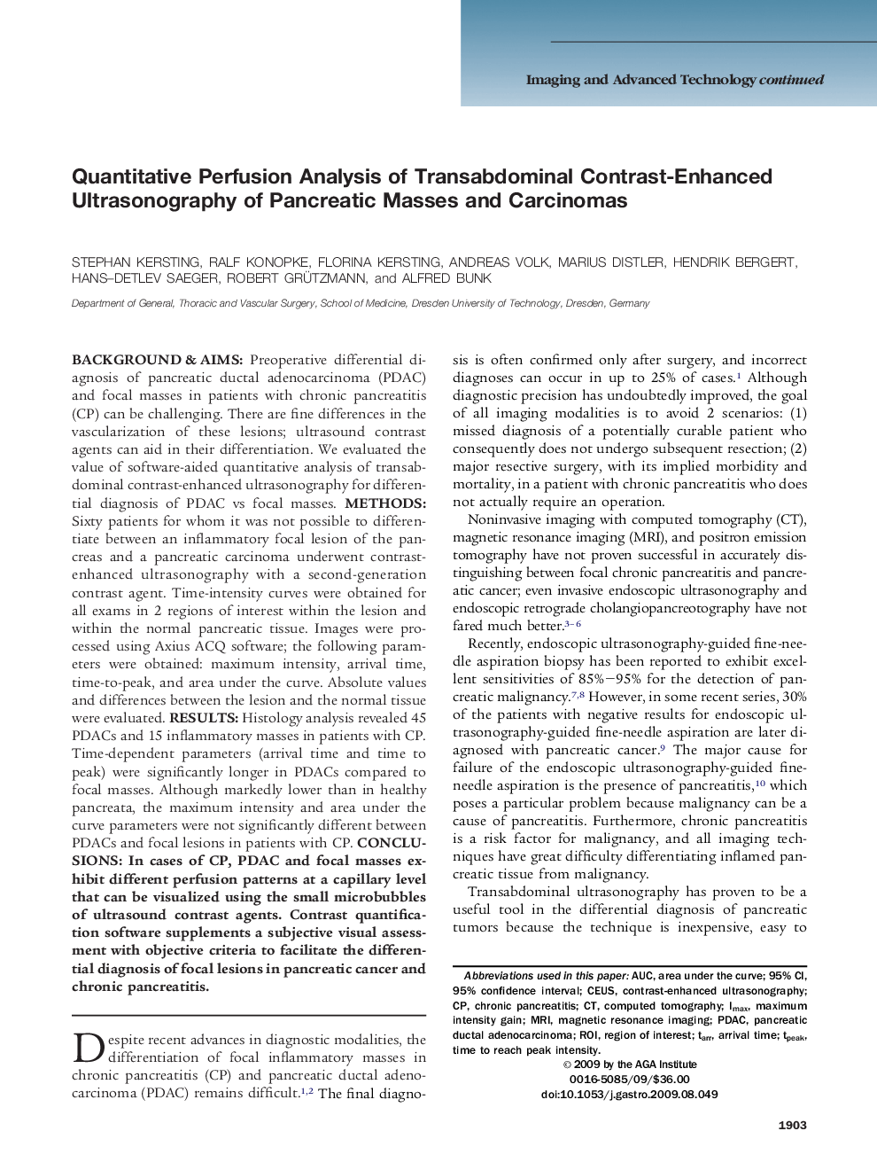 Quantitative Perfusion Analysis of Transabdominal Contrast-Enhanced Ultrasonography of Pancreatic Masses and Carcinomas 