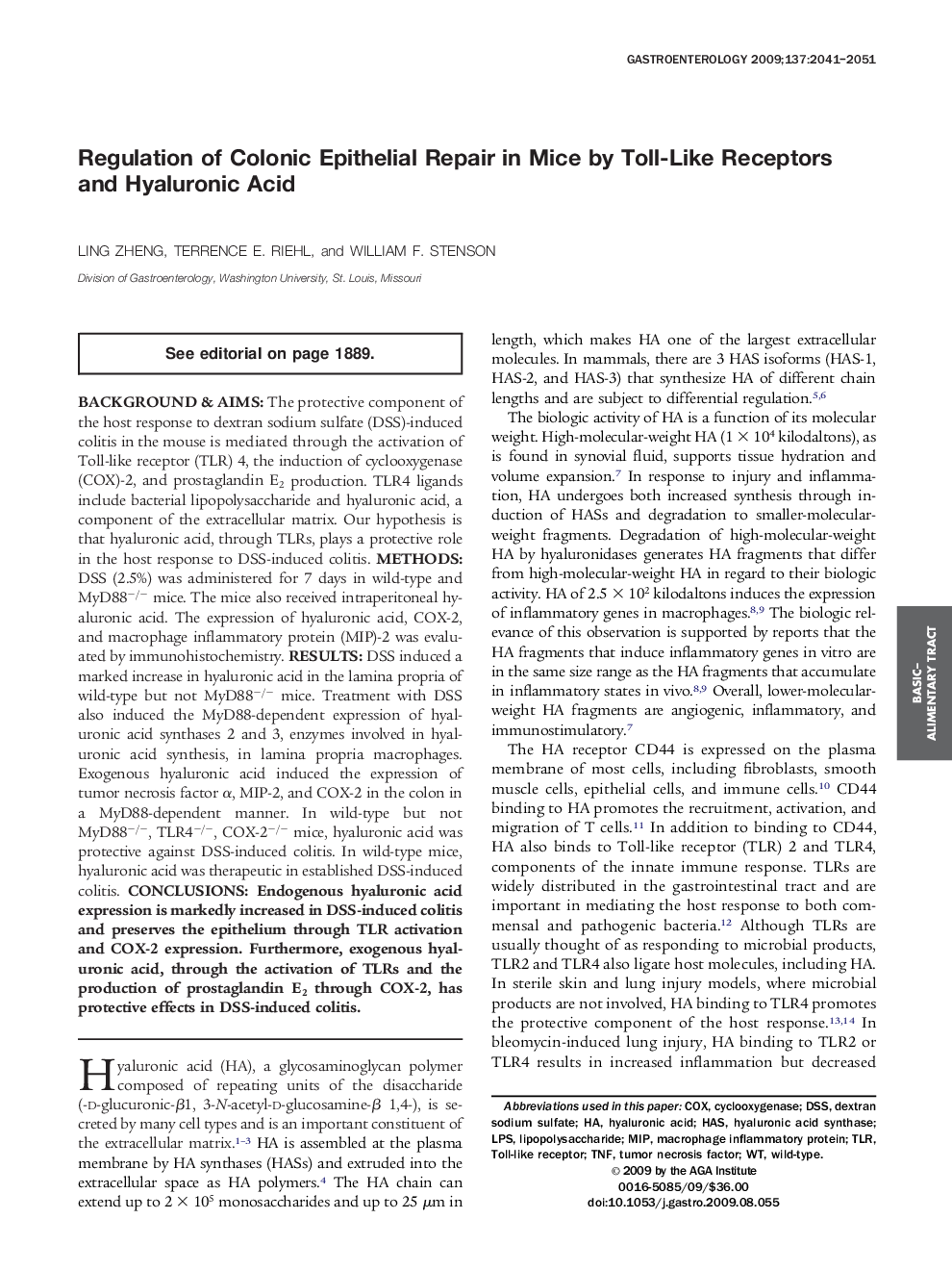 Regulation of Colonic Epithelial Repair in Mice by Toll-Like Receptors and Hyaluronic Acid 