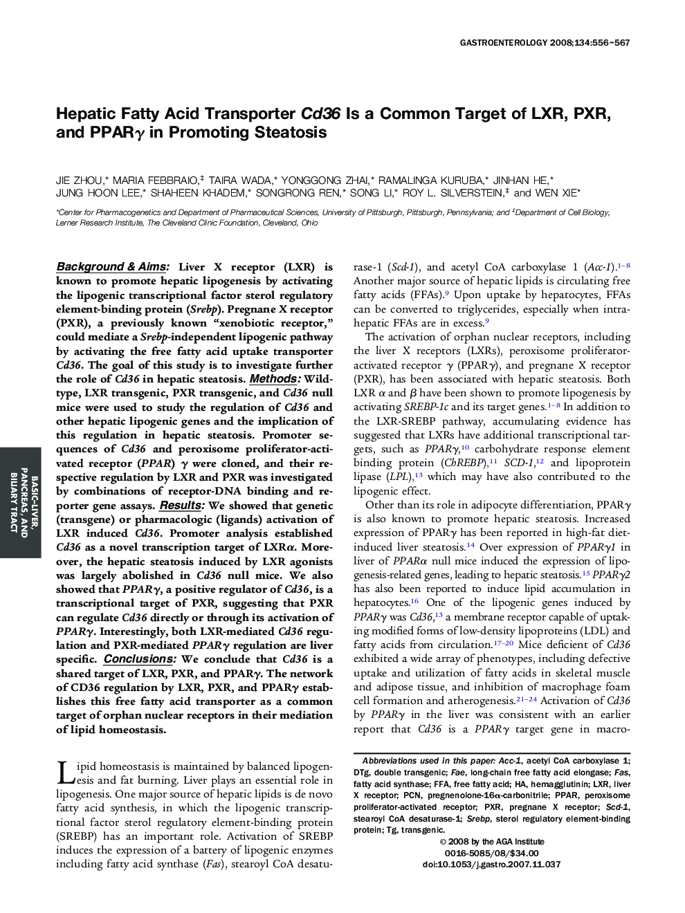 Hepatic Fatty Acid Transporter Cd36 Is a Common Target of LXR, PXR, and PPARÎ³ in Promoting Steatosis