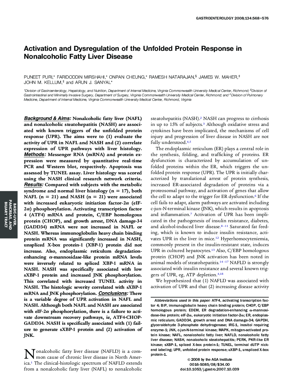 Activation and Dysregulation of the Unfolded Protein Response in Nonalcoholic Fatty Liver Disease 