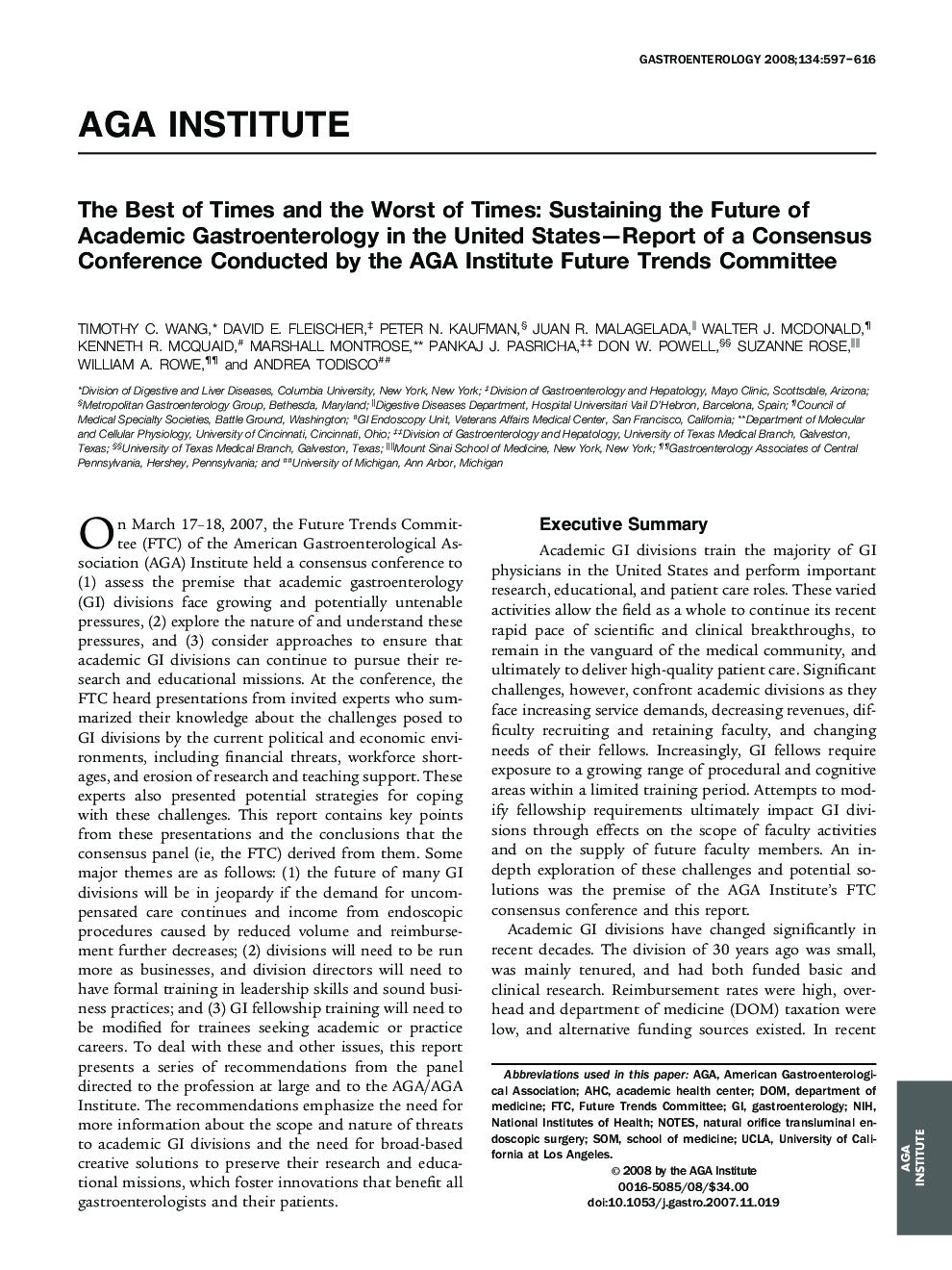 The Best of Times and the Worst of Times: Sustaining the Future of Academic Gastroenterology in the United States-Report of a Consensus Conference Conducted by the AGA Institute Future Trends Committee