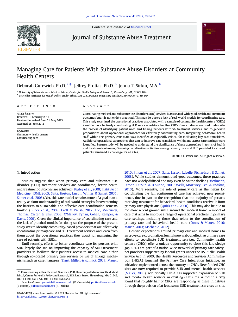 Managing Care for Patients With Substance Abuse Disorders at Community Health Centers