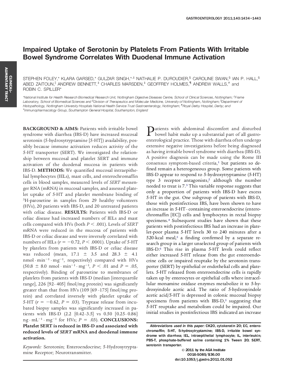 Impaired Uptake of Serotonin by Platelets From Patients With Irritable Bowel Syndrome Correlates With Duodenal Immune Activation