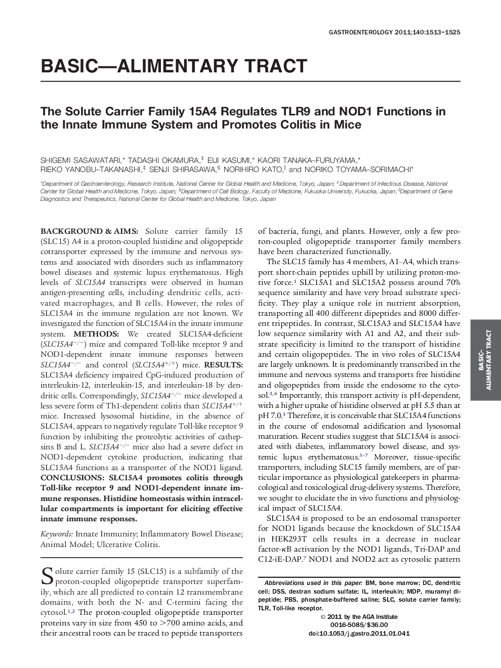 The Solute Carrier Family 15A4 Regulates TLR9 and NOD1 Functions in the Innate Immune System and Promotes Colitis in Mice 