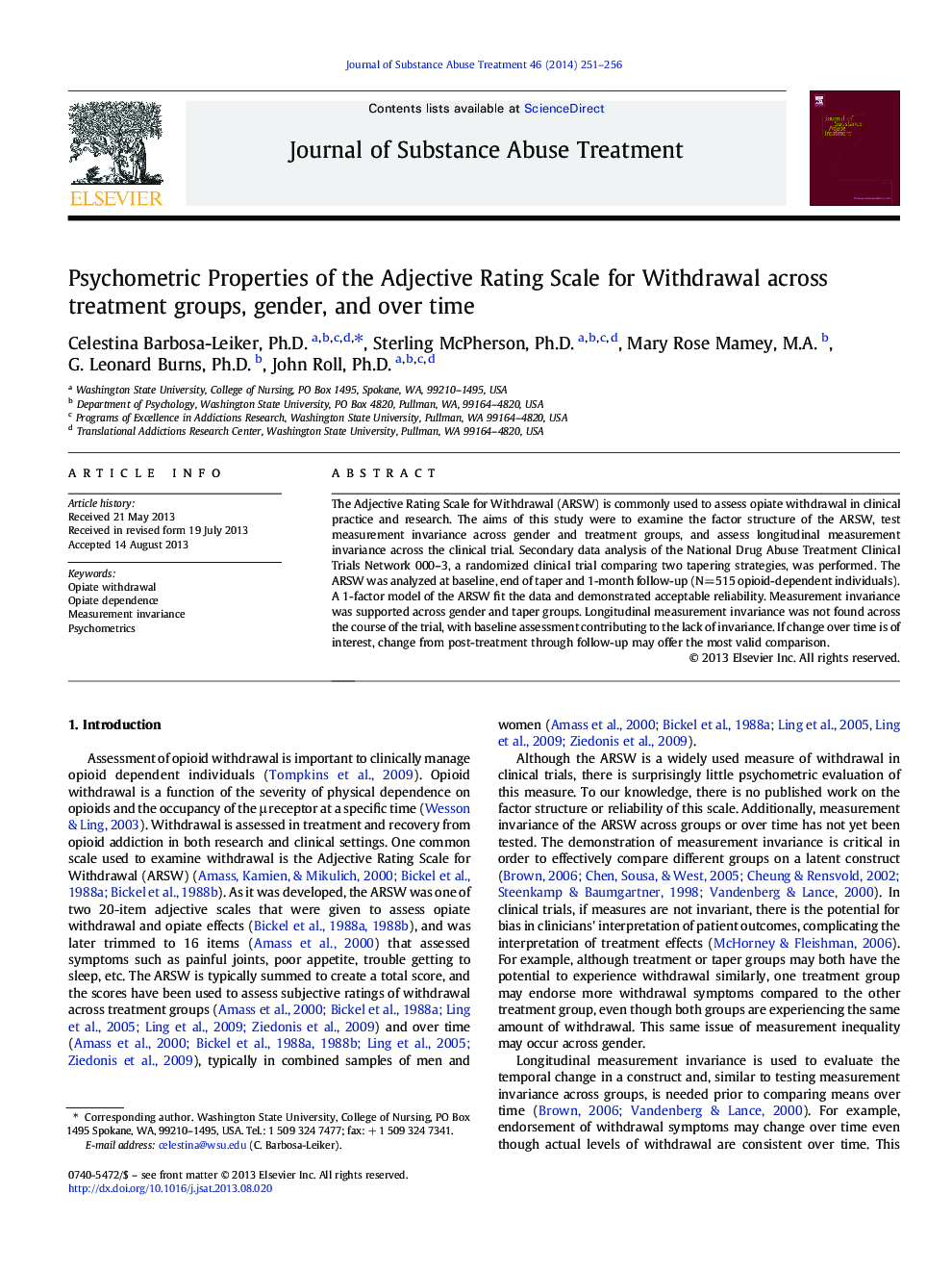 Psychometric Properties of the Adjective Rating Scale for Withdrawal across treatment groups, gender, and over time