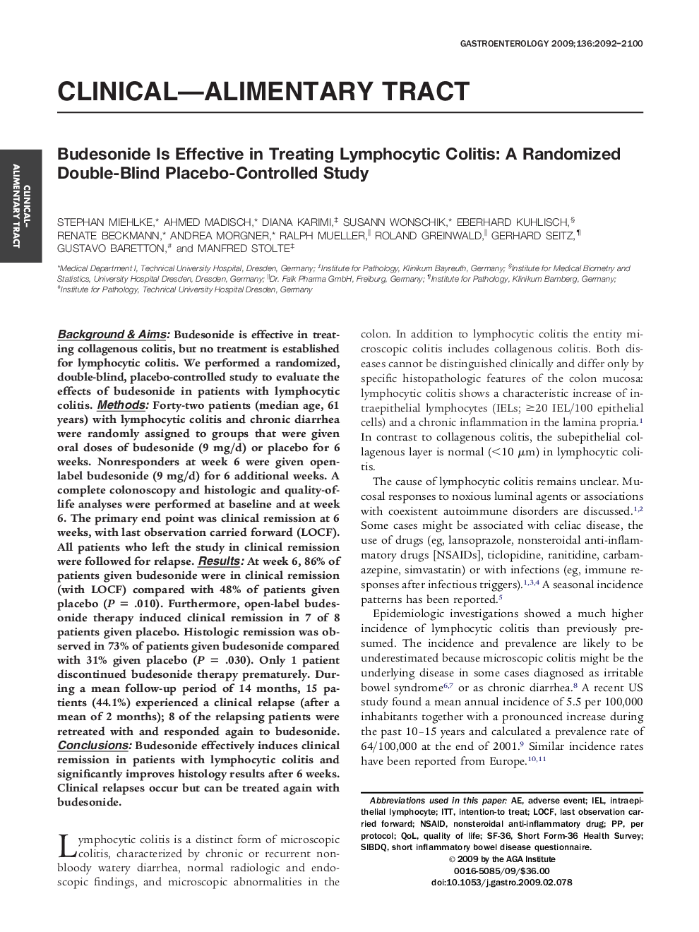 Budesonide Is Effective in Treating Lymphocytic Colitis: A Randomized Double-Blind Placebo-Controlled Study 