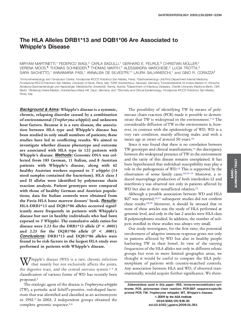 The HLA Alleles DRB1*13 and DQB1*06 Are Associated to Whipple's Disease 