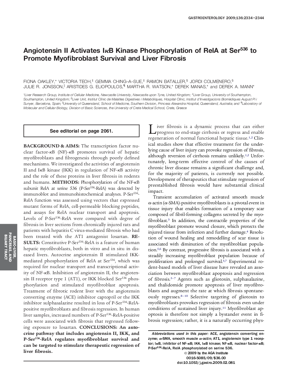 Angiotensin II Activates IÎºB Kinase Phosphorylation of RelA at Ser536 to Promote Myofibroblast Survival and Liver Fibrosis