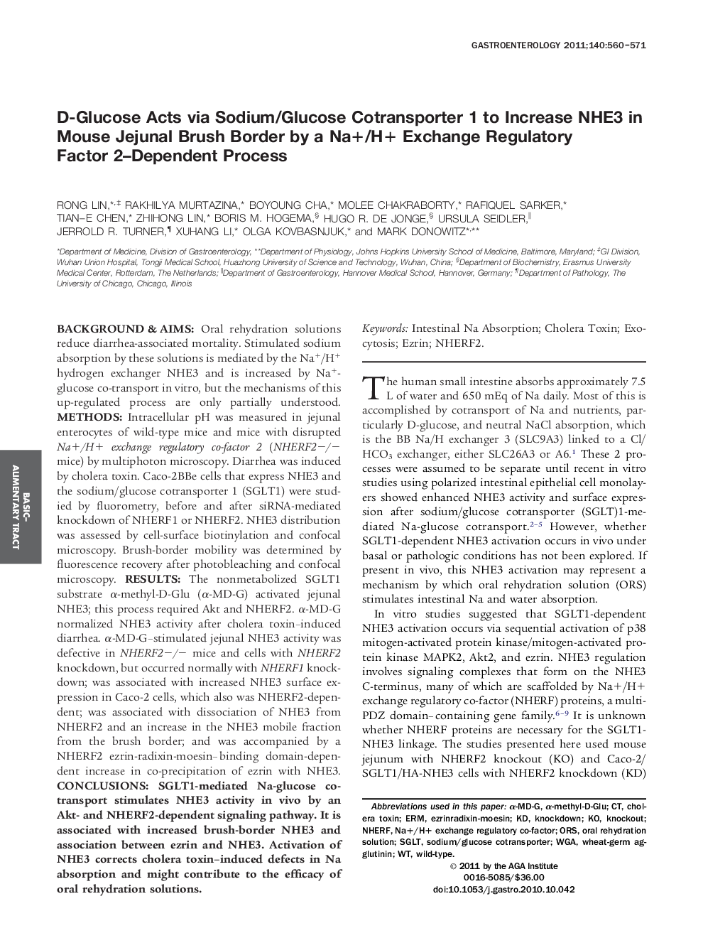 D-Glucose Acts via Sodium/Glucose Cotransporter 1 to Increase NHE3 in Mouse Jejunal Brush Border by a Na+/H+ Exchange Regulatory Factor 2–Dependent Process 