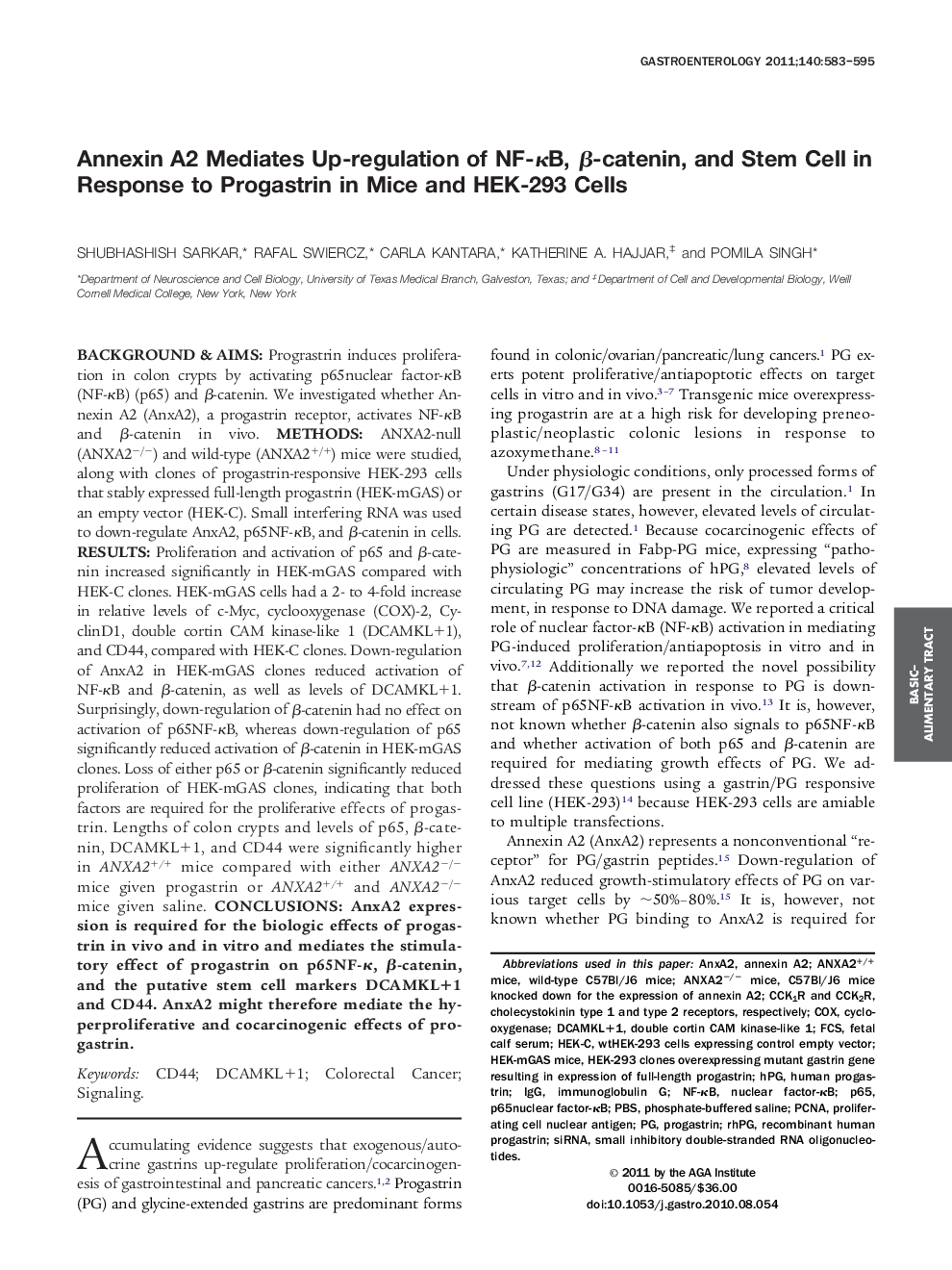 Annexin A2 Mediates Up-regulation of NF-ÎºB, Î²-catenin, and Stem Cell in Response to Progastrin in Mice and HEK-293 Cells